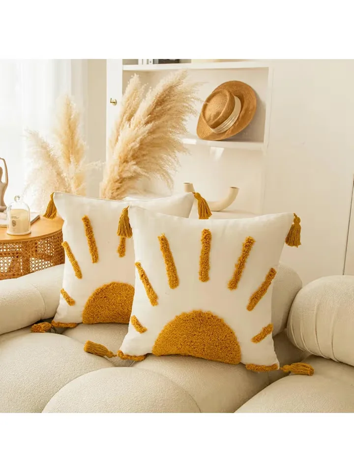 Beige Sun Tufted Cotton Square Cushion Covers (Pack of 2)