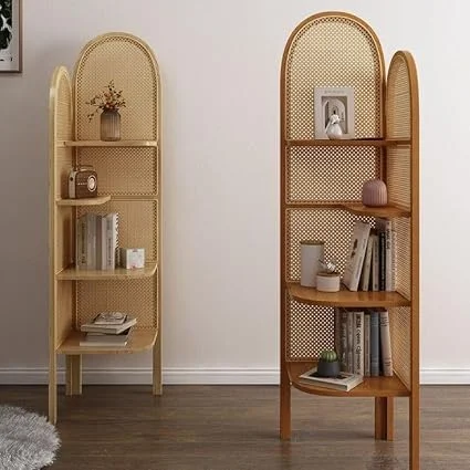 4-Shelf Cane Corner Shelf, Solid Mango Wood and Natural Cane, Corner Mount, Living Room, Storage Shelf, Space Saving