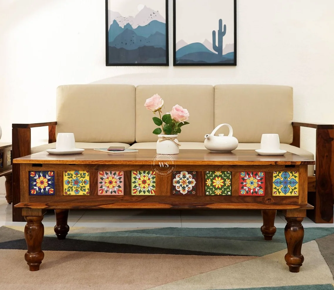 Boho Sheesham Wood Coffee Table with Ceramic Tiles And Storage (Honey Finish)
