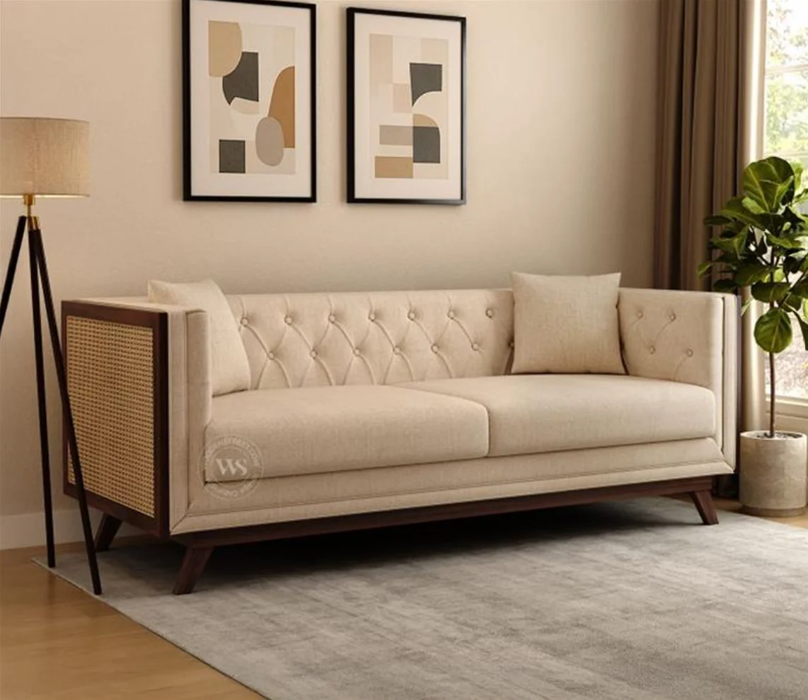 Samvaad 3 Seater Sofa with Cane Accents (Cotton, Jade Ivory)