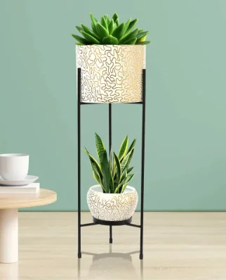 Casa De Amor Round Metal Planters with Double Decker Stand for Indoor Plants on the Floor