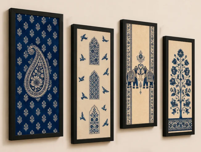 Indian Heritage Floral Paper Wall Painting With Frame - Set of Four