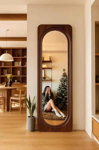 Modular Full Length Wall Mirror Frame for Home|Wooden Brown Brown,Dressing Mirror|Floor Standing & Wall Mount Large Oval Mirror for Bedroom,Living Room & Hallway Décor|Without Mirror