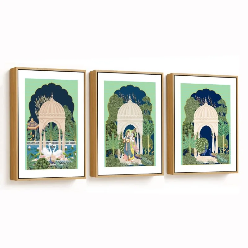 Set of 3 pichwai hans, Radha and Krishna god and mor