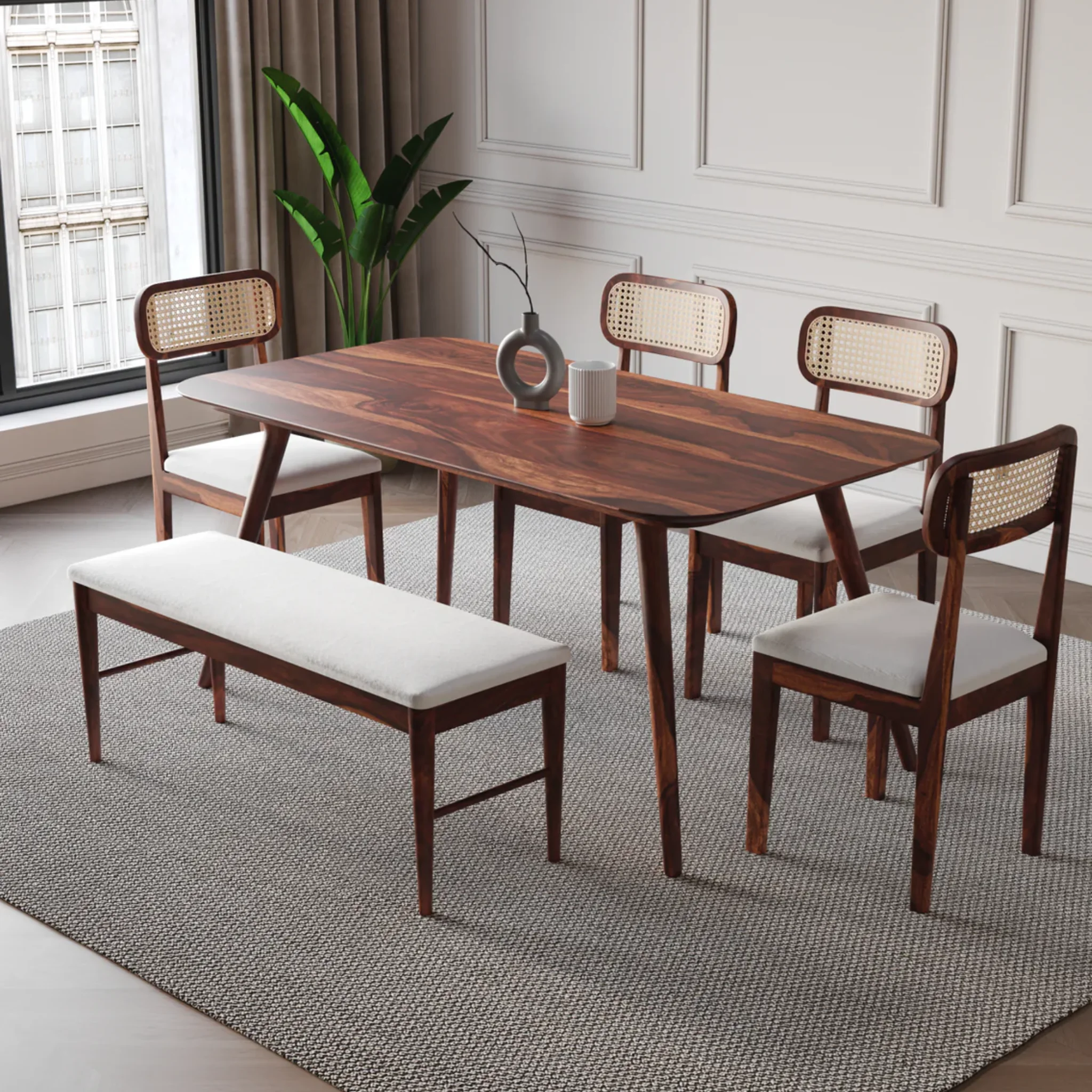 Solid Wood Dining Table 6 Seater Set with Bench