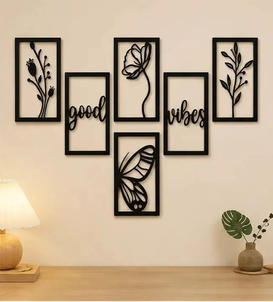 Wooden Wall Decor Set (Pack of 6) | Modern MDF Wall Hanging Art for Living Room, Bedroom & Home Decoration