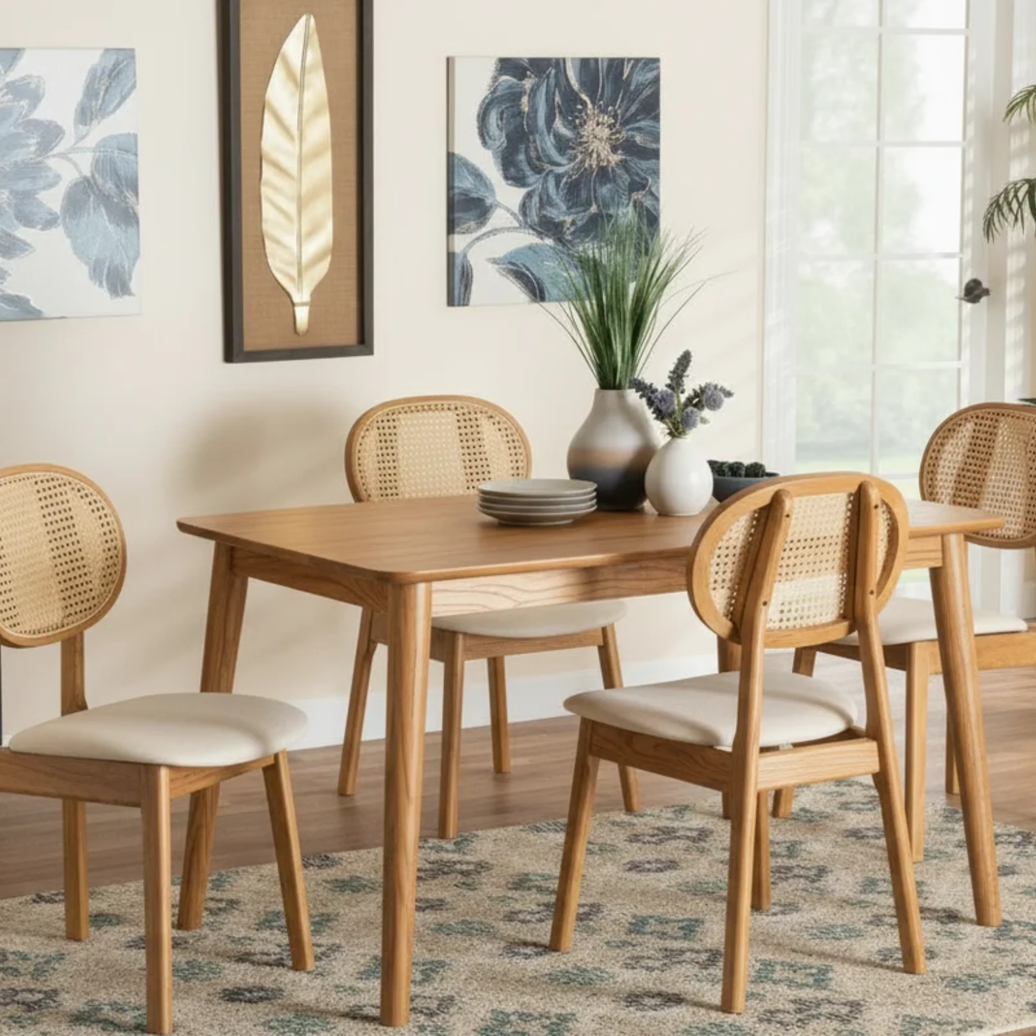 The Timber Guy Dining table with 4 chair furniture set with Rattan cane