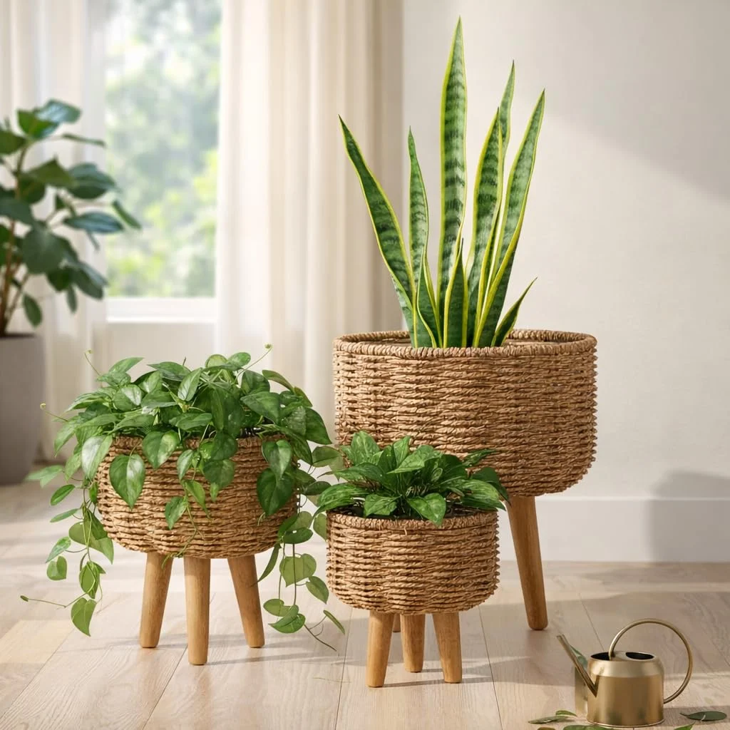 AL-Bloom Metal & Jute Planter Set with Wooden Legs