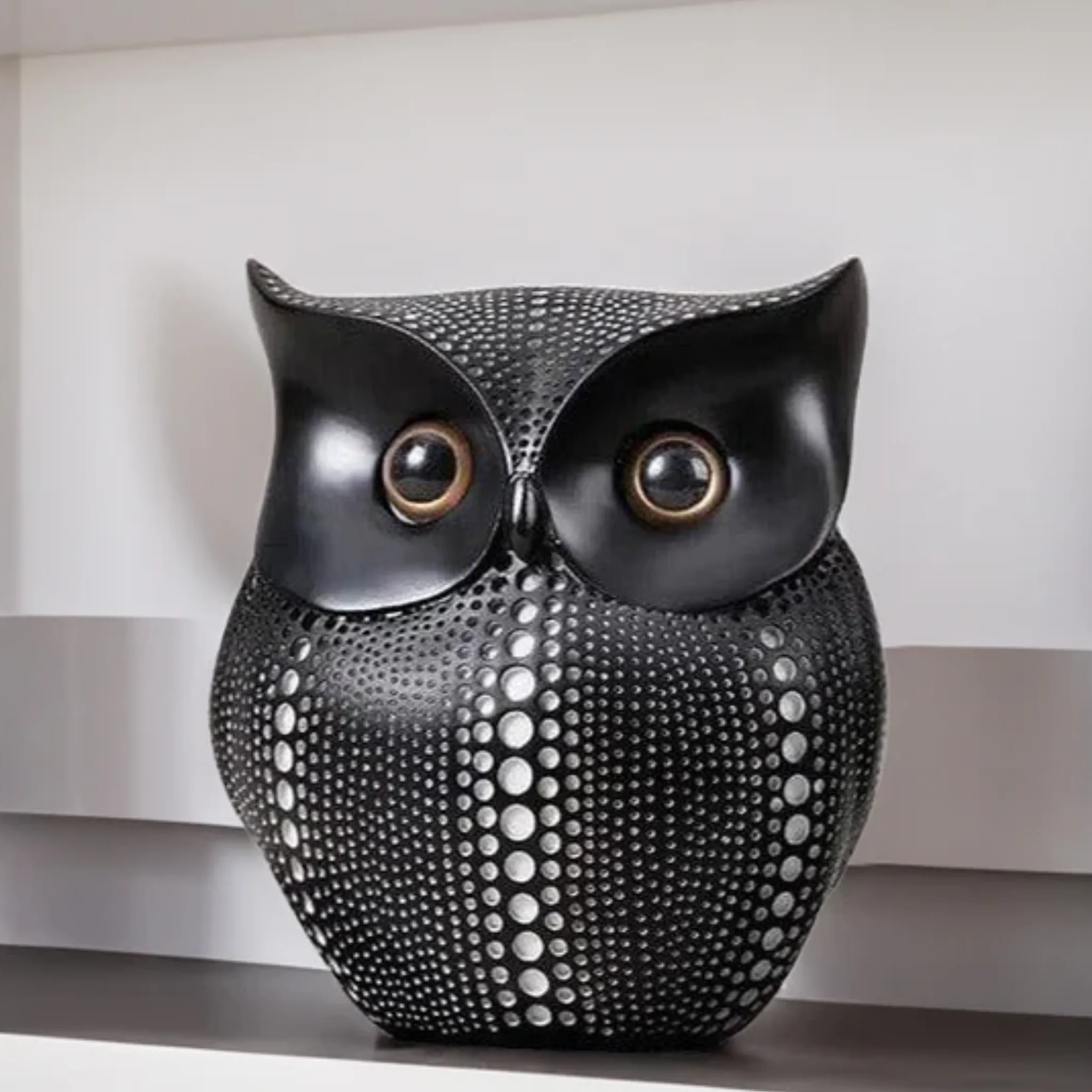 Owl Resin Sculpture - Polka Black