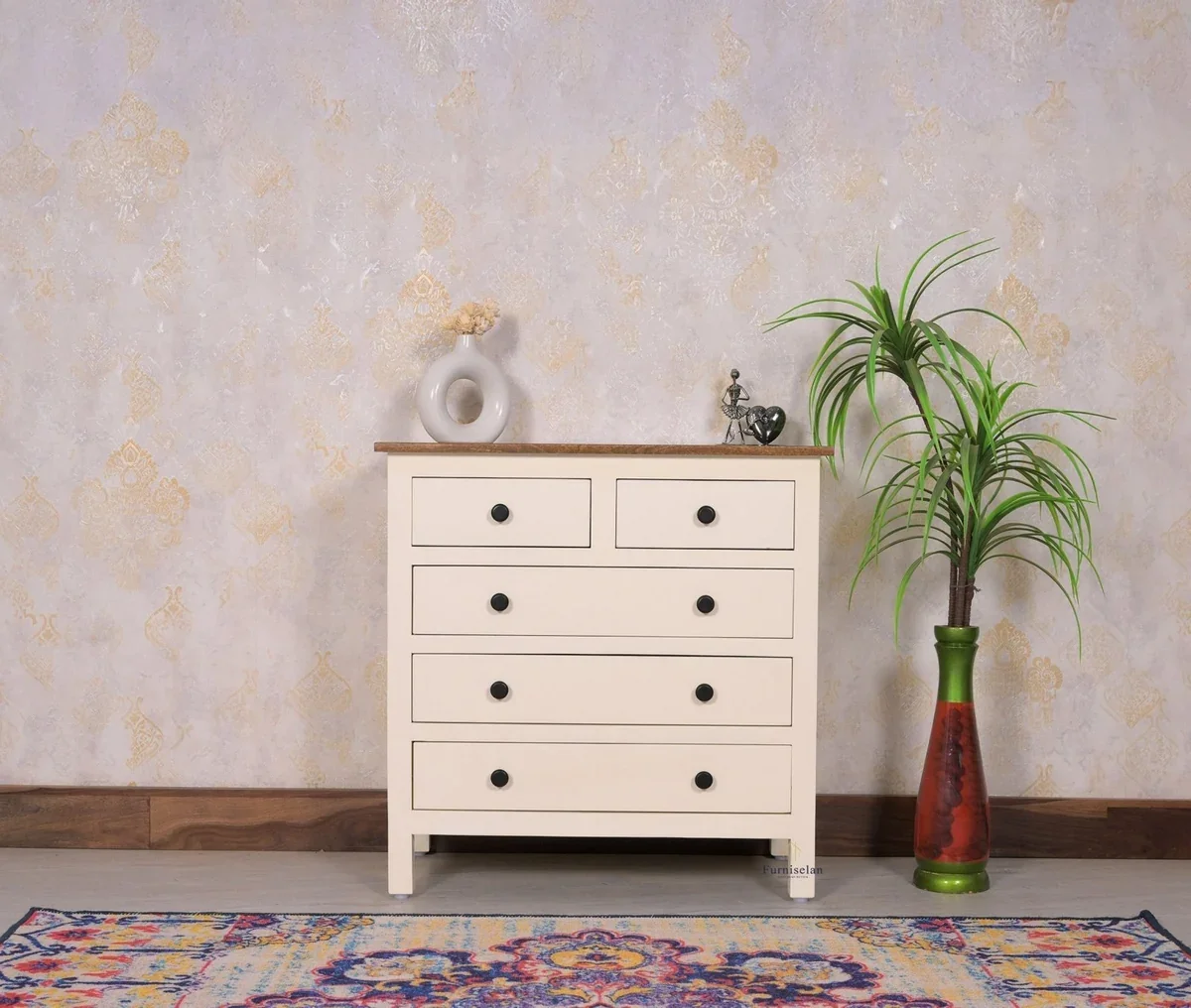 Spain Solid Mango Wood Wide Chest of Drawer- Five Drawers - Frosty White