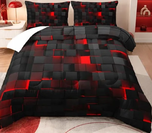 Nttopship Geometric Red Black Comforter Set,Light Honeycomb 3 Piece Bedding Set Twin for Teen Boys,Modern Bedding Quilt Set Geometry Decor,Microfiber Lightweight 1 Comforter 2 Pillowcases All Season