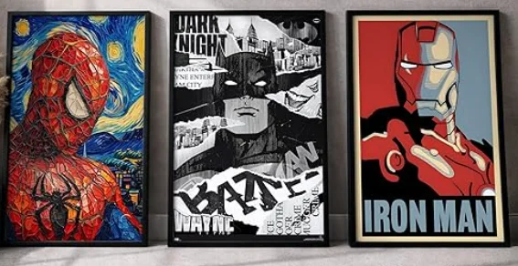 Waltractive Set of 3 Superhero Framed Wall Art Posters – Spider-Man, Batman, Ironman – Modern Black Frame Marvel & DC Inspired Wall Decor for Living Room, Bedroom for Home Decor - Available in 33x22 and 48x33 CM (Spider-Man, Batman & Ironman, 13x19 Inch)