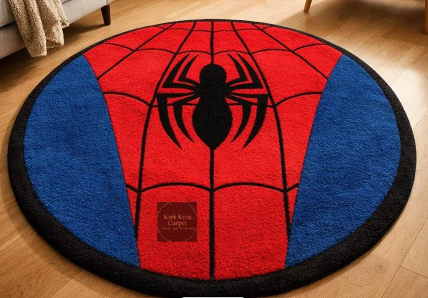 Spider-Man Area Rug - Round Superhero Bedroom Decor, Marvel Inspired Kids Playroom Carpet, Spider Web Nursery Rug, Gift for Comic Book Fans.