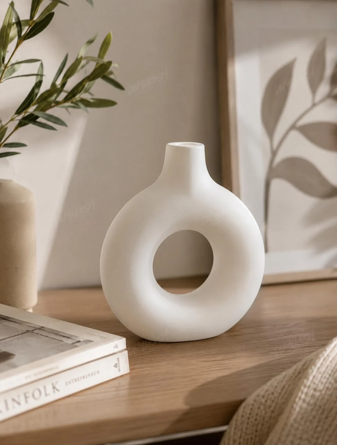 Divyakosh White Donut Vase for Home Decor | Modern Geometric Flower Vase