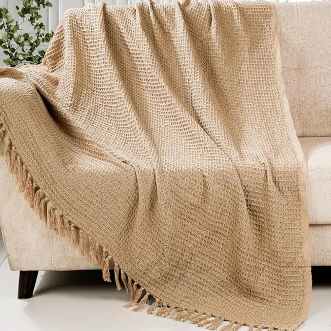 HOMADORN Waffle Weave Cotton Throw Blanket – Lightweight, Breathable & Cozy for Sofa or Bed (100% Cotton)(50X60 Inches) Beige