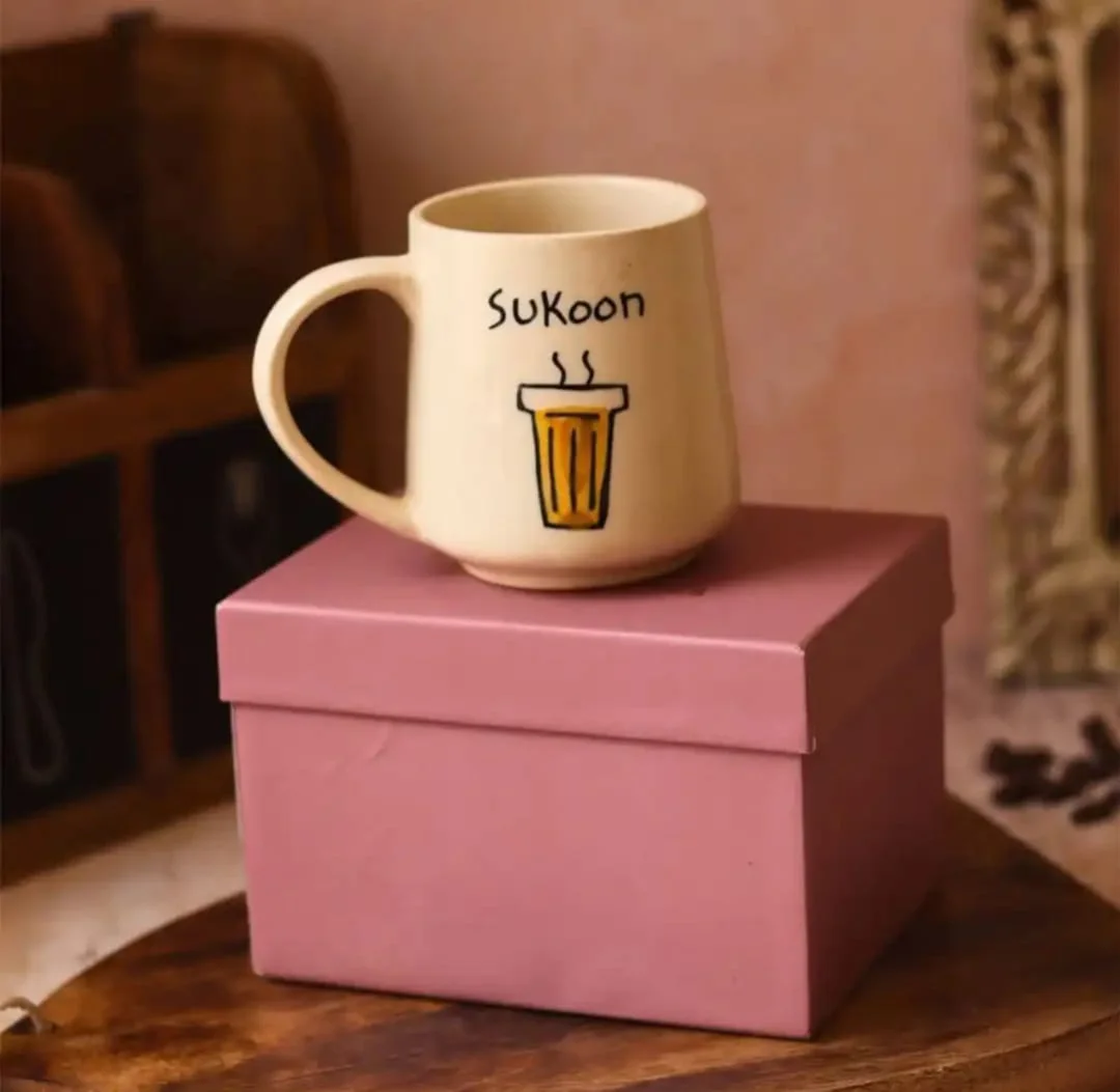 White & Black Sukoon Printed Ceramic Glossy Mug With Gift Box-250 ml