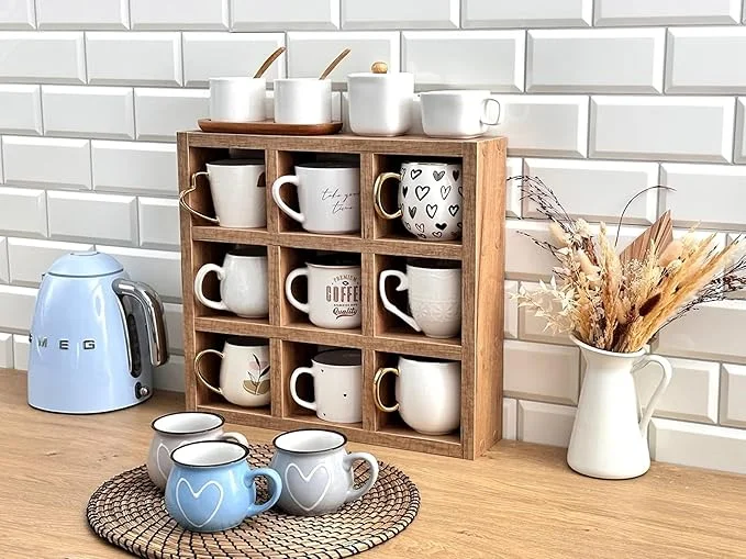 Hamdan Collection Wall Mounted Mug Shelf - Coffee Cup Storage - Kitchen Wall Rack - Floating Cup Organizer - Rustic Coffee Bar Shelf (SQ 9 Compartment)
