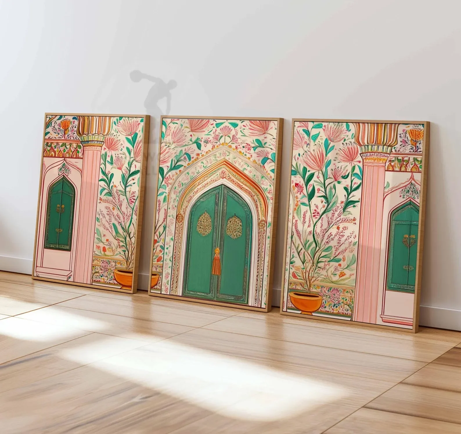 Rajasthan Wall Art Set of 3, Indian Palace Door Print, Pink City Jaipur Architecture Poster, Mughal Floral Decor, Boho Cultural Artwork