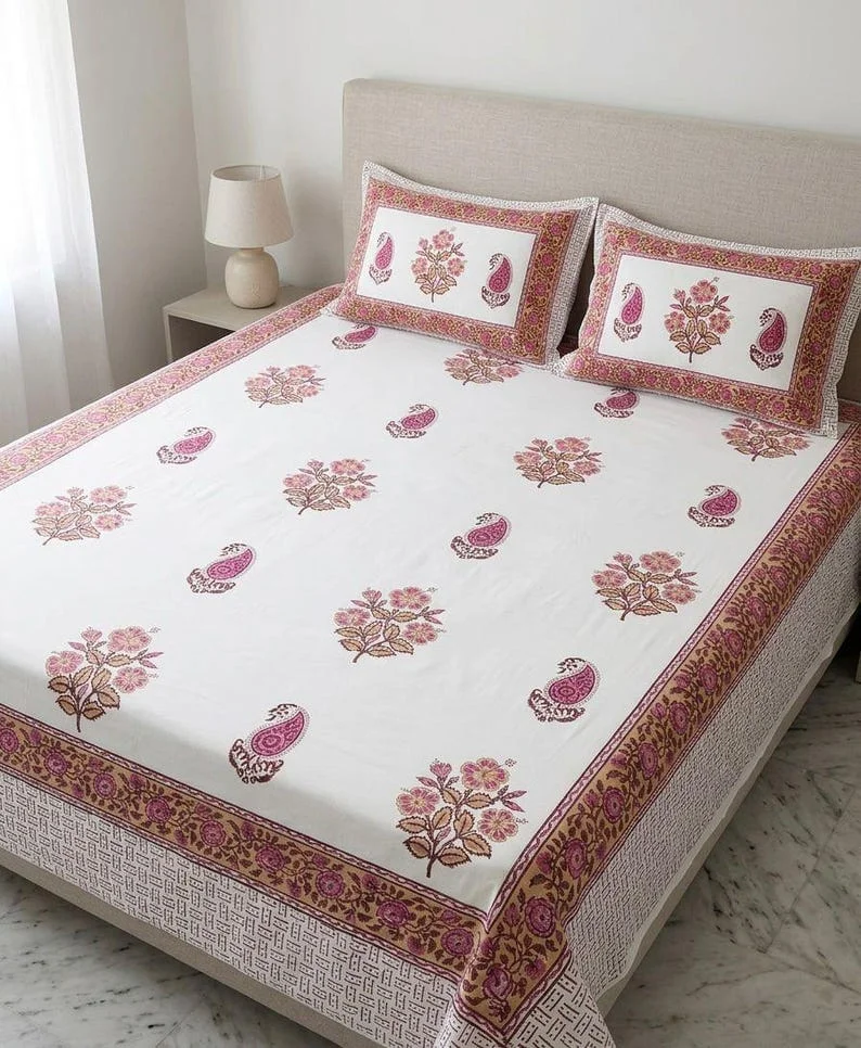Hand Block Print Cotton Bedsheet Set, Floral Paisley Boho Bedding, Queen King Flat Sheet